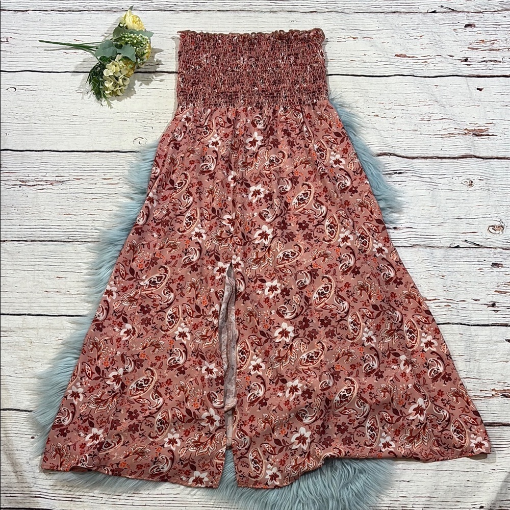 Resa Smocked Slit Front Floral Strapless Mini Dress